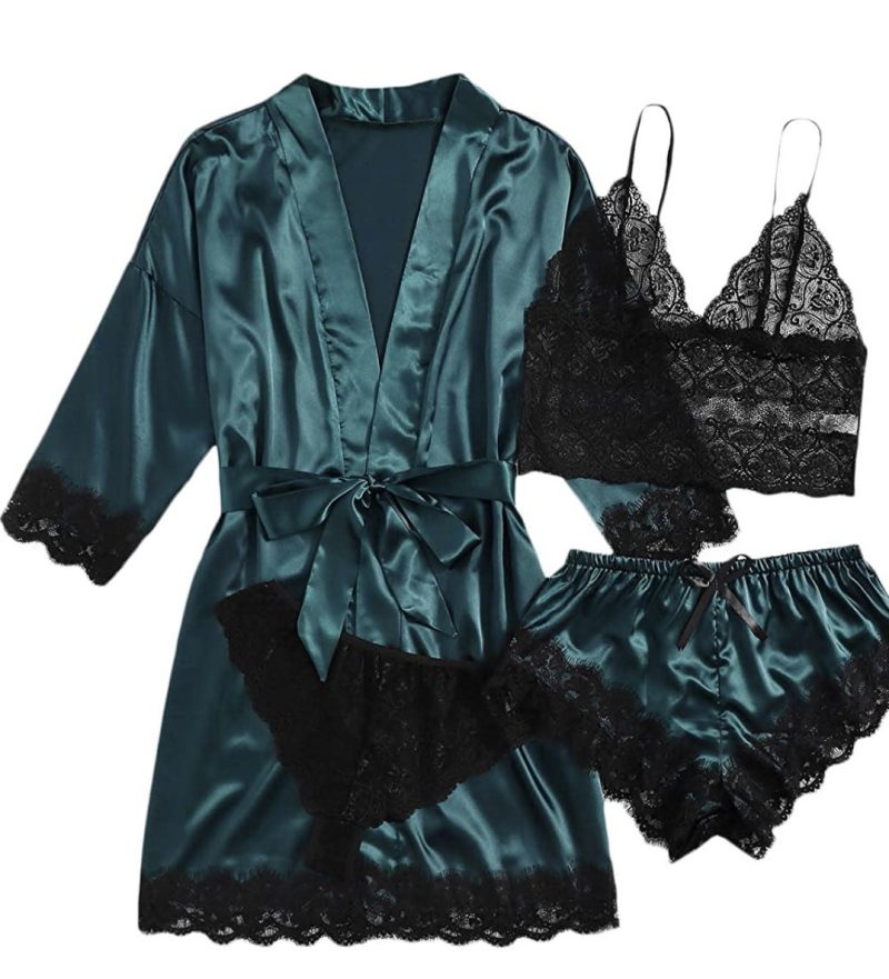Women Fashion Pajama Print Sexy Lace Trim Faux Silk Satin Pajama Set Gown Skin Friendly Comfort Loungewear Sexy Pajamas - Image 4