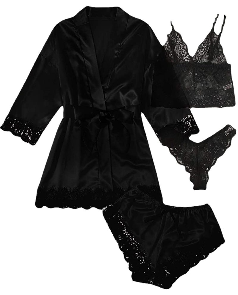 Women Fashion Pajama Print Sexy Lace Trim Faux Silk Satin Pajama Set Gown Skin Friendly Comfort Loungewear Sexy Pajamas - Image 5