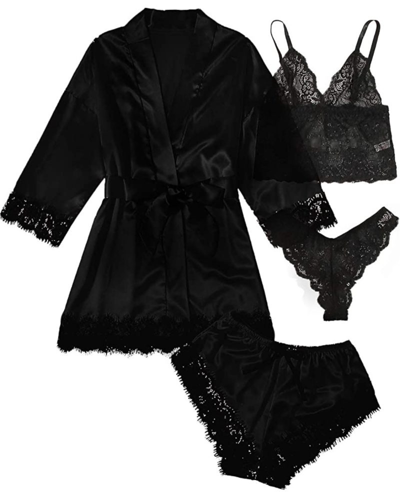 Women Fashion Pajama Print Sexy Lace Trim Faux Silk Satin Pajama Set Gown Skin Friendly Comfort Loungewear Sexy Pajamas - Image 7