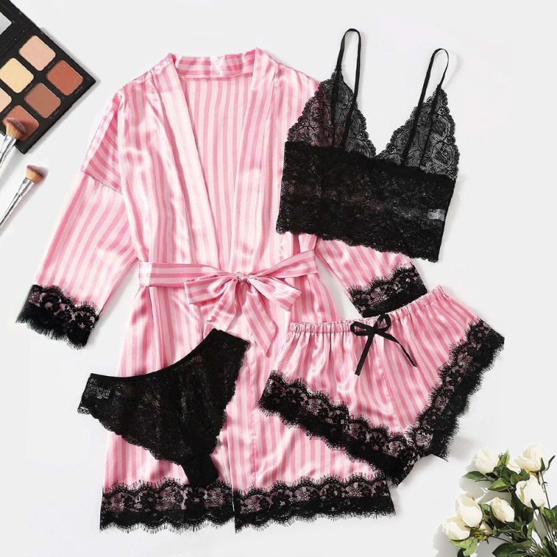 Women Fashion Pajama Print Sexy Lace Trim Faux Silk Satin Pajama Set Gown Skin Friendly Comfort Loungewear Sexy Pajamas - Image 8