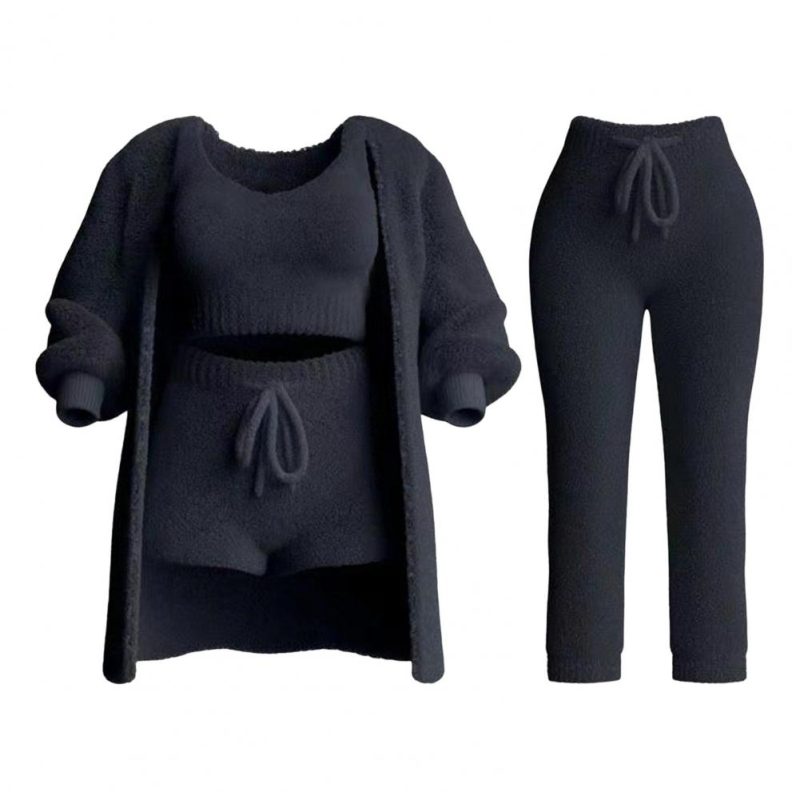 4 Pcs/Set Womens Cosy Outfits O Neck Cropped Tank Tops Long Sleeve Fleece Warm Hooded Comfortable Loungewear - Image 7