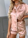 Women's Heart-shaped Print Satin Pajama Pj Set Soft & Comfortable Short Sleeve Buttons Lapel Tops & Shorts Sleepwear Loungewear
