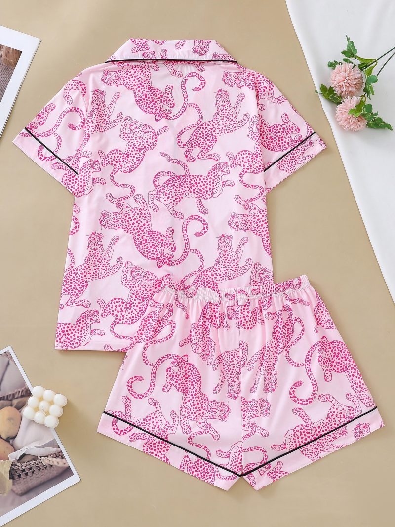 Casual pink leopard print pajama set for women lapel short-sleeved top and baggy shorts loungewear for women - Image 2