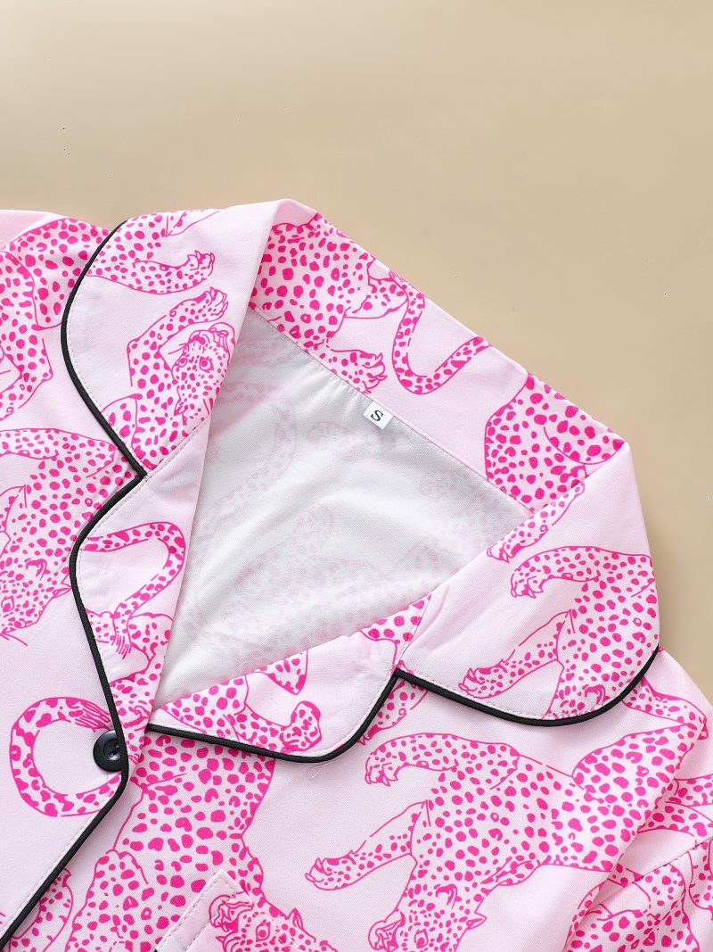 Casual pink leopard print pajama set for women lapel short-sleeved top and baggy shorts loungewear for women - Image 3