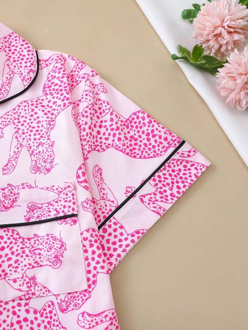 Casual pink leopard print pajama set for women lapel short-sleeved top and baggy shorts loungewear for women - Image 4