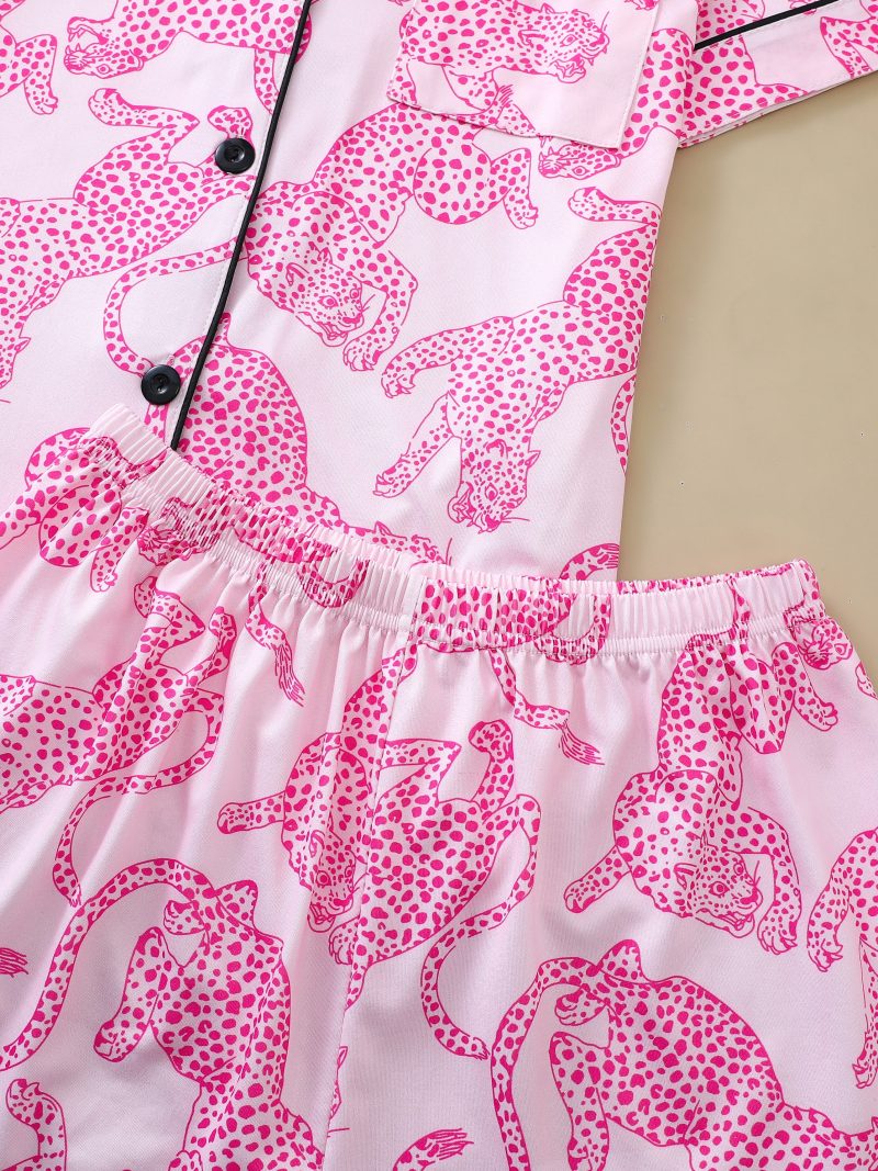 Casual pink leopard print pajama set for women lapel short-sleeved top and baggy shorts loungewear for women - Image 6