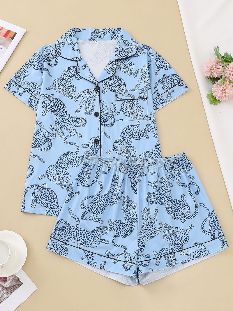 Casual pink leopard print pajama set for women lapel short-sleeved top and baggy shorts loungewear for women - Image 7