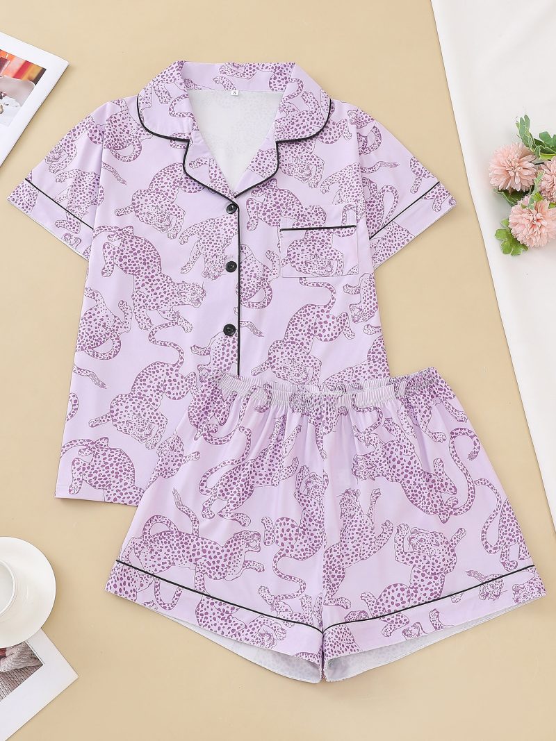 Casual pink leopard print pajama set for women lapel short-sleeved top and baggy shorts loungewear for women - Image 8