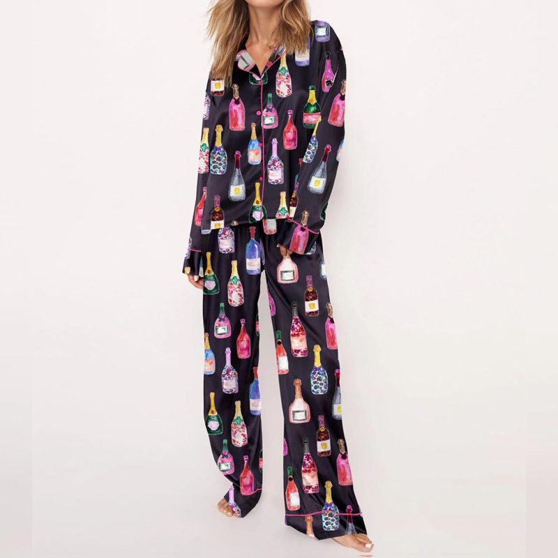 Imcute Women Y2k Pajamas 2 Piece Set Champagne Bottle Wine Glasses Long Sleeve Button down Shirt Pants Satin Silk Loungewear