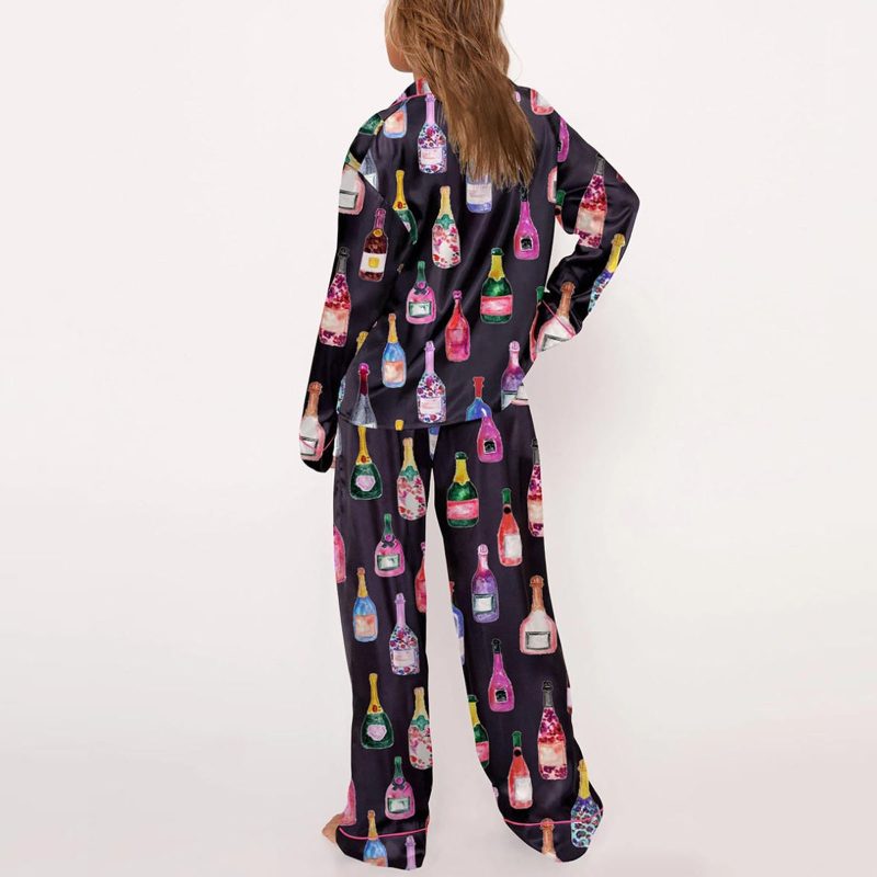 Imcute Women Y2k Pajamas 2 Piece Set Champagne Bottle Wine Glasses Long Sleeve Button down Shirt Pants Satin Silk Loungewear - Image 2