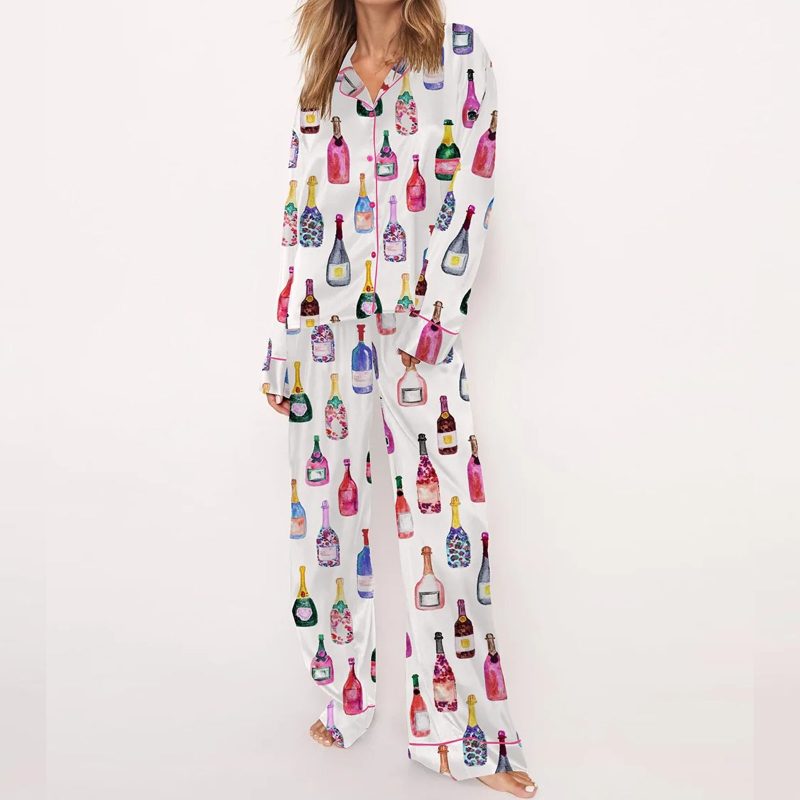 Imcute Women Y2k Pajamas 2 Piece Set Champagne Bottle Wine Glasses Long Sleeve Button down Shirt Pants Satin Silk Loungewear - Image 3
