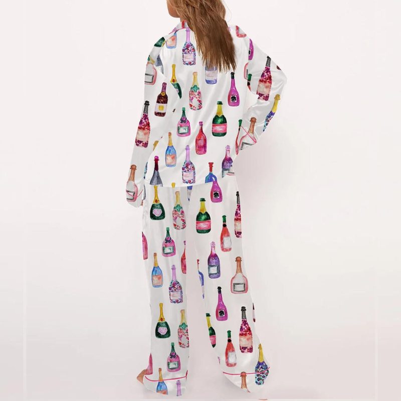 Imcute Women Y2k Pajamas 2 Piece Set Champagne Bottle Wine Glasses Long Sleeve Button down Shirt Pants Satin Silk Loungewear - Image 4