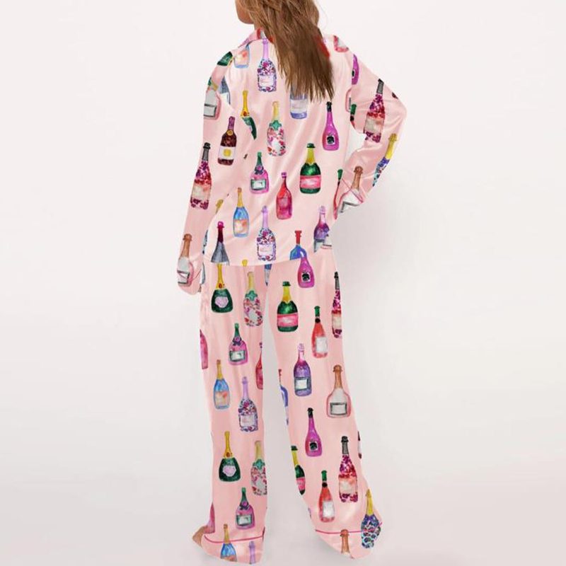 Imcute Women Y2k Pajamas 2 Piece Set Champagne Bottle Wine Glasses Long Sleeve Button down Shirt Pants Satin Silk Loungewear - Image 6