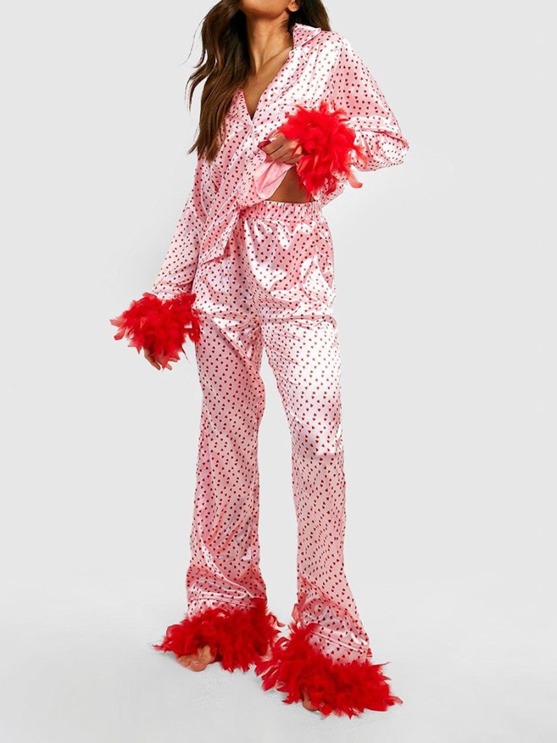 Women Satin Pajama Set Loungewear Fall Spring Heart Print Feather Cuff Long Sleeve Lapel Buttons Tops with Long Pants Sleepwear
