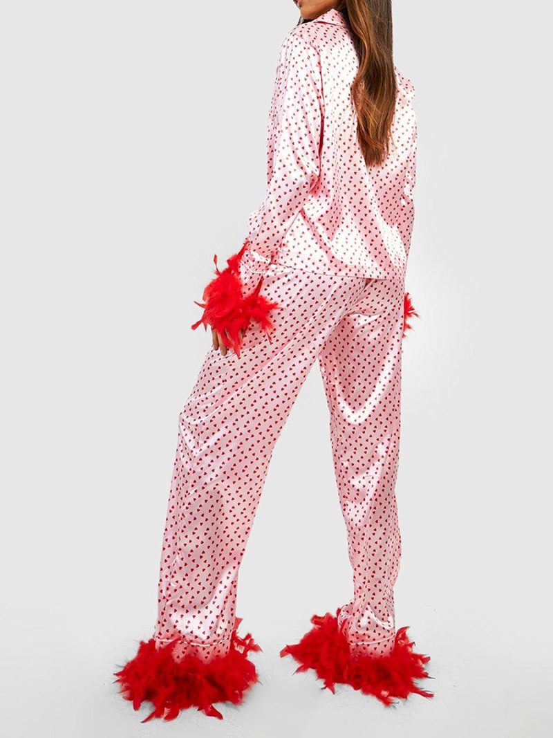 Women Satin Pajama Set Loungewear Fall Spring Heart Print Feather Cuff Long Sleeve Lapel Buttons Tops with Long Pants Sleepwear - Image 2
