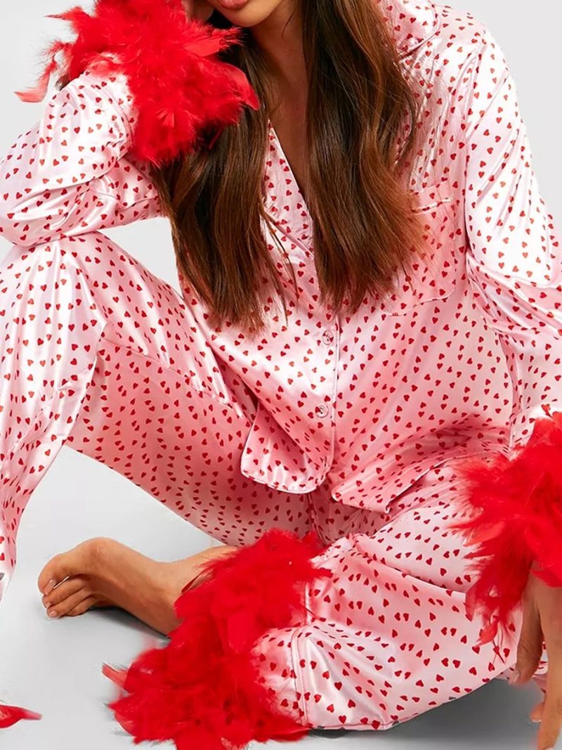 Women Satin Pajama Set Loungewear Fall Spring Heart Print Feather Cuff Long Sleeve Lapel Buttons Tops with Long Pants Sleepwear - Image 3