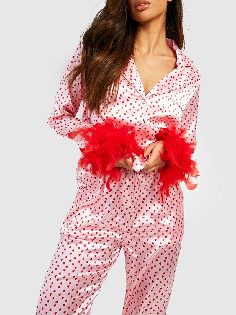 Women Satin Pajama Set Loungewear Fall Spring Heart Print Feather Cuff Long Sleeve Lapel Buttons Tops with Long Pants Sleepwear - Image 4