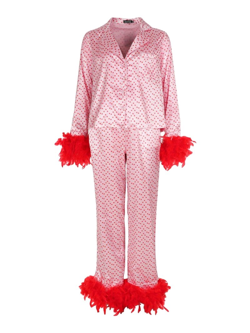 Women Satin Pajama Set Loungewear Fall Spring Heart Print Feather Cuff Long Sleeve Lapel Buttons Tops with Long Pants Sleepwear - Image 5