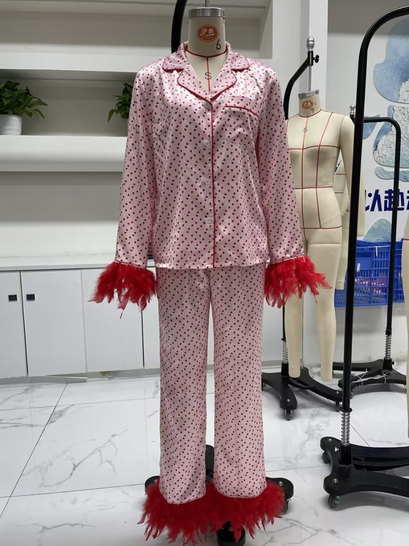 Women Satin Pajama Set Loungewear Fall Spring Heart Print Feather Cuff Long Sleeve Lapel Buttons Tops with Long Pants Sleepwear - Image 6