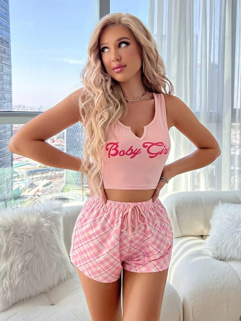 Women Sleepwear Pyjamas Set Lingerie Casual Pink Letter Printed Camisole with Plaid Shorts Sets Nighty Pajamas Loungewear - Image 3