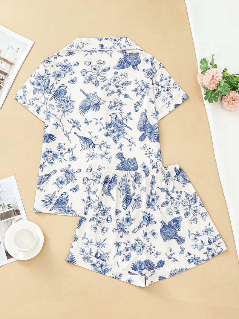 Casual bird floral print pajamas for women short-sleeved tops with button-down lapels and comfy shorts loungewear for women - Image 2