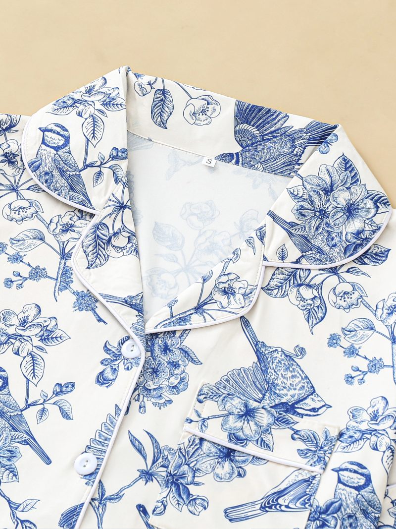 Casual bird floral print pajamas for women short-sleeved tops with button-down lapels and comfy shorts loungewear for women - Image 3
