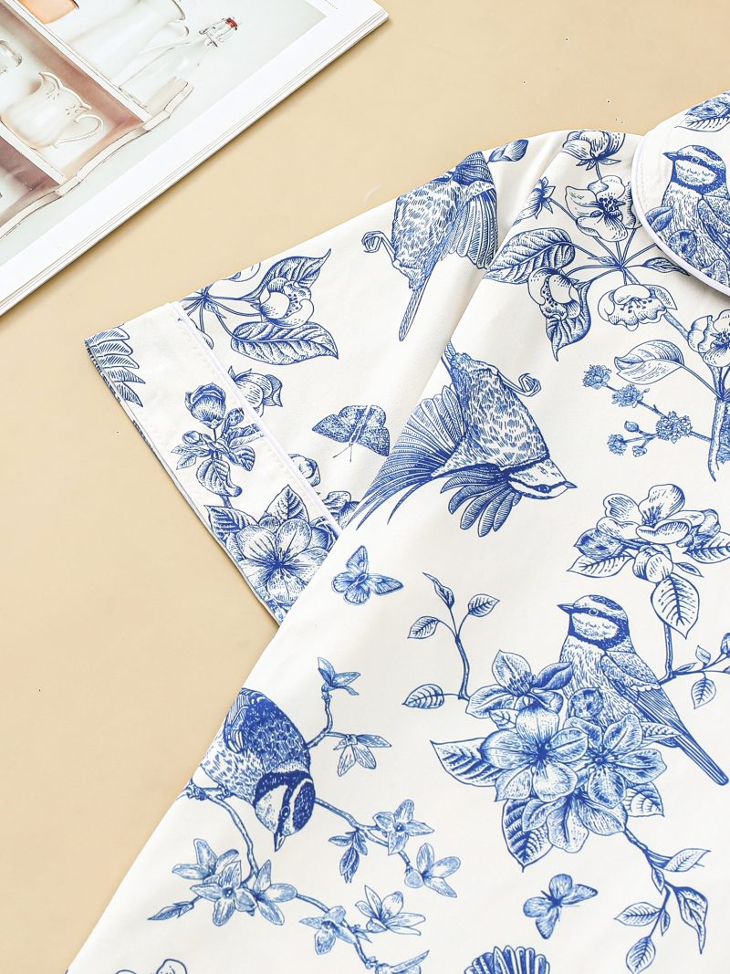 Casual bird floral print pajamas for women short-sleeved tops with button-down lapels and comfy shorts loungewear for women - Image 4