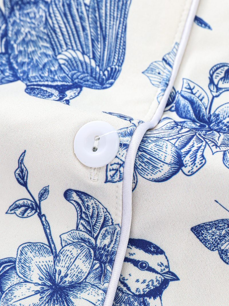 Casual bird floral print pajamas for women short-sleeved tops with button-down lapels and comfy shorts loungewear for women - Image 5