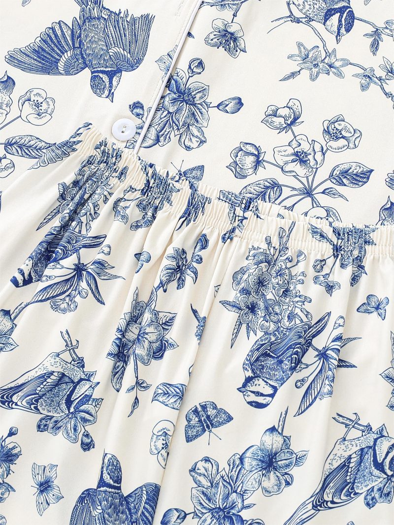 Casual bird floral print pajamas for women short-sleeved tops with button-down lapels and comfy shorts loungewear for women - Image 6