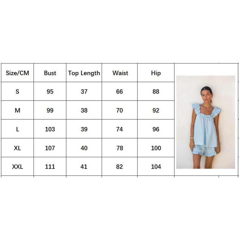 Womens Pajama Summer 2 Piece Pajamas Sets Ruffle Sleeveless Sling Vest Solid Color Shorts Outfits Sleepwear - Image 6