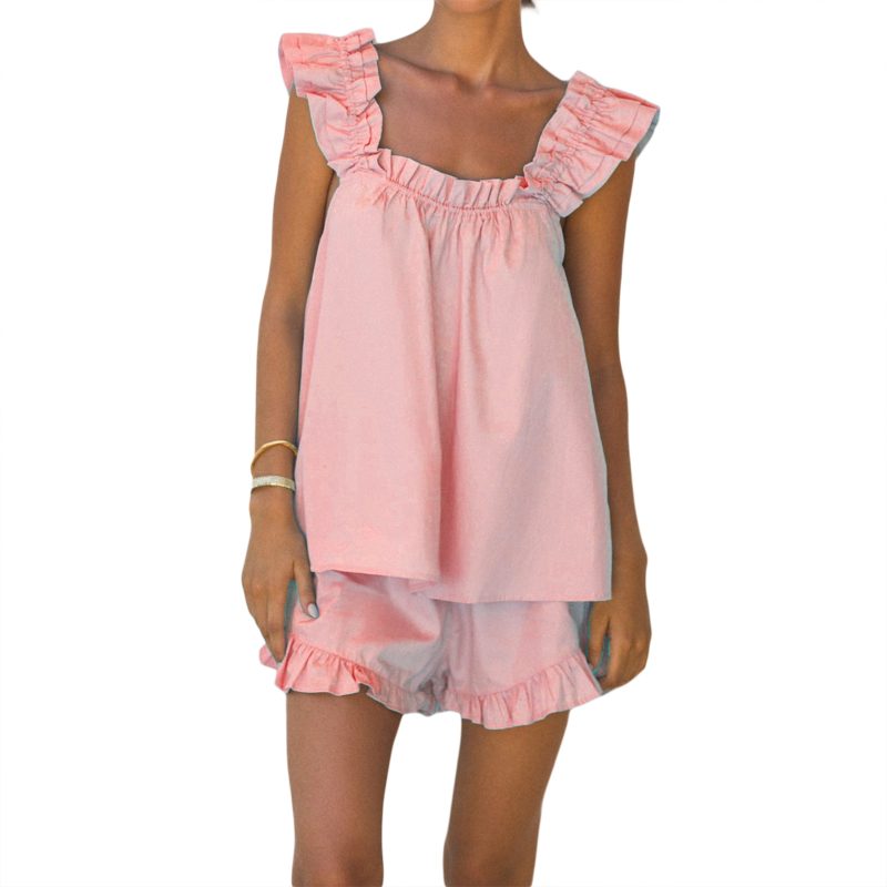Womens Pajama Summer 2 Piece Pajamas Sets Ruffle Sleeveless Sling Vest Solid Color Shorts Outfits Sleepwear - Image 7