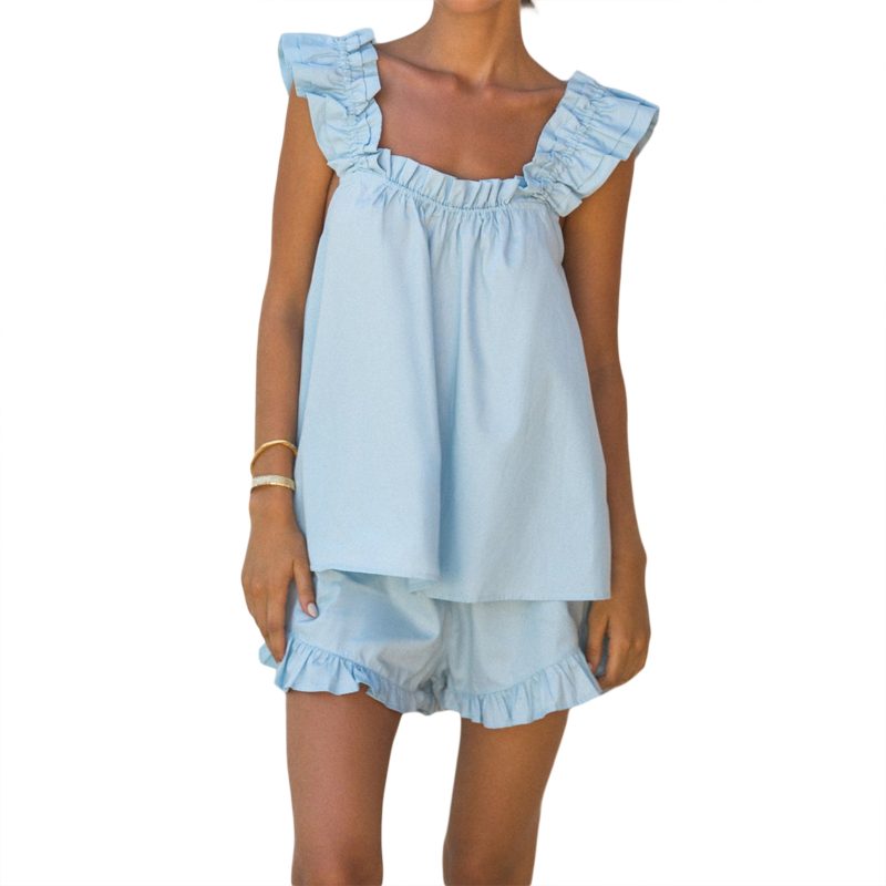 Womens Pajama Summer 2 Piece Pajamas Sets Ruffle Sleeveless Sling Vest Solid Color Shorts Outfits Sleepwear - Image 10