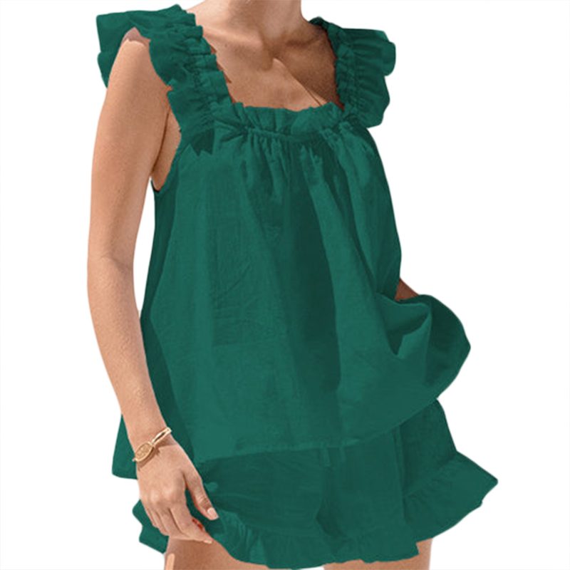 Womens Pajama Summer 2 Piece Pajamas Sets Ruffle Sleeveless Sling Vest Solid Color Shorts Outfits Sleepwear - Image 11