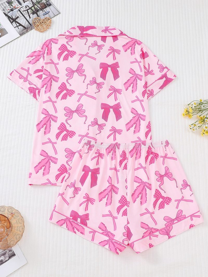 Cute bow print can be worn over women's pajama sets comfortable lapel short-sleeved tops and loose shorts women's loungewear - Image 2