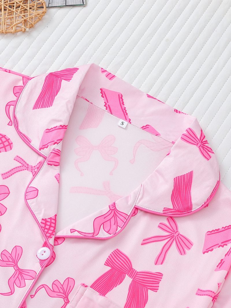 Cute bow print can be worn over women's pajama sets comfortable lapel short-sleeved tops and loose shorts women's loungewear - Image 3