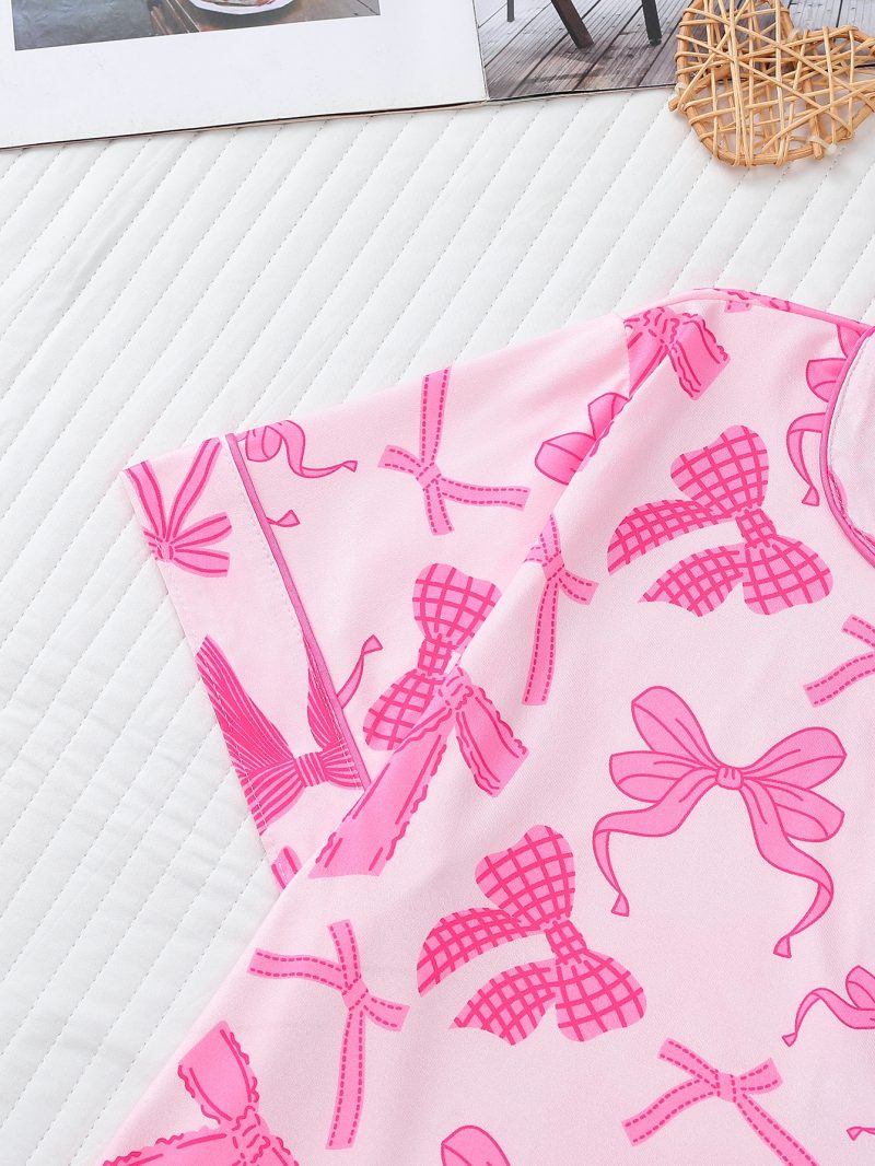 Cute bow print can be worn over women's pajama sets comfortable lapel short-sleeved tops and loose shorts women's loungewear - Image 4