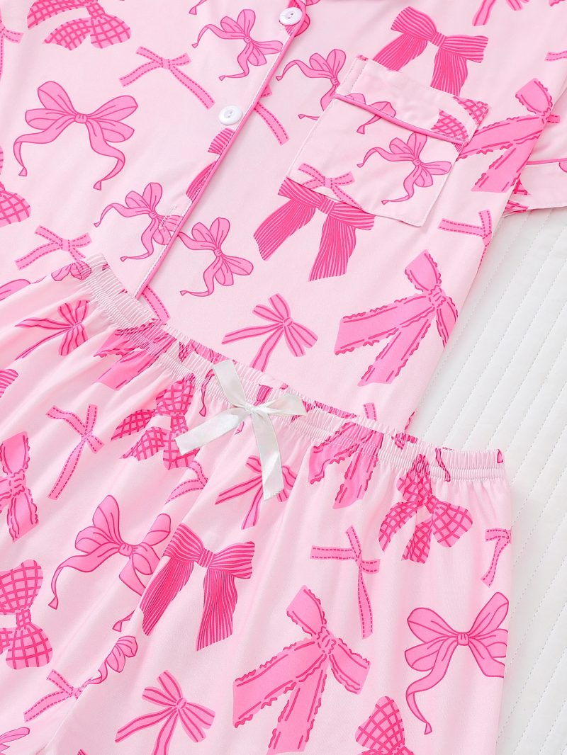 Cute bow print can be worn over women's pajama sets comfortable lapel short-sleeved tops and loose shorts women's loungewear - Image 6