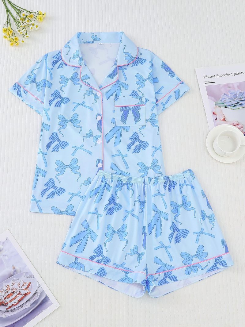 Cute bow print can be worn over women's pajama sets comfortable lapel short-sleeved tops and loose shorts women's loungewear - Image 7