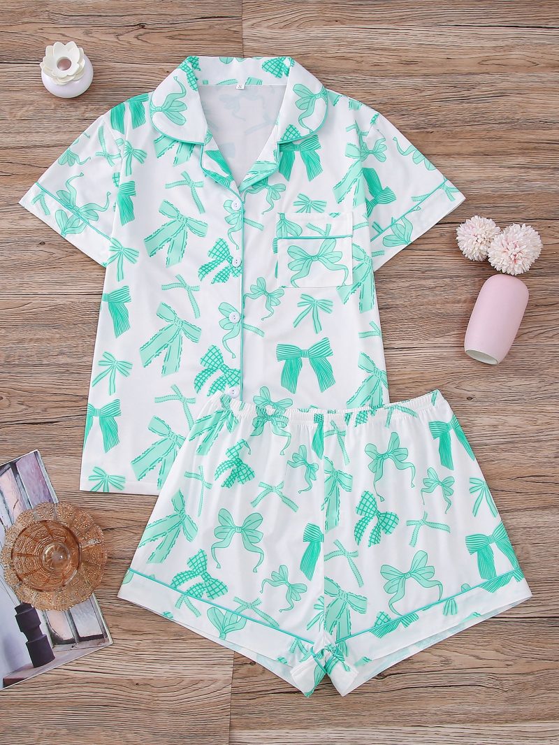 Cute bow print can be worn over women's pajama sets comfortable lapel short-sleeved tops and loose shorts women's loungewear - Image 8