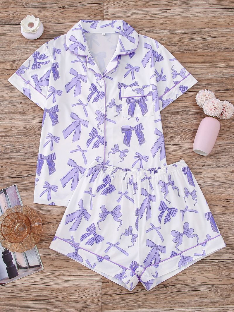 Cute bow print can be worn over women's pajama sets comfortable lapel short-sleeved tops and loose shorts women's loungewear - Image 9