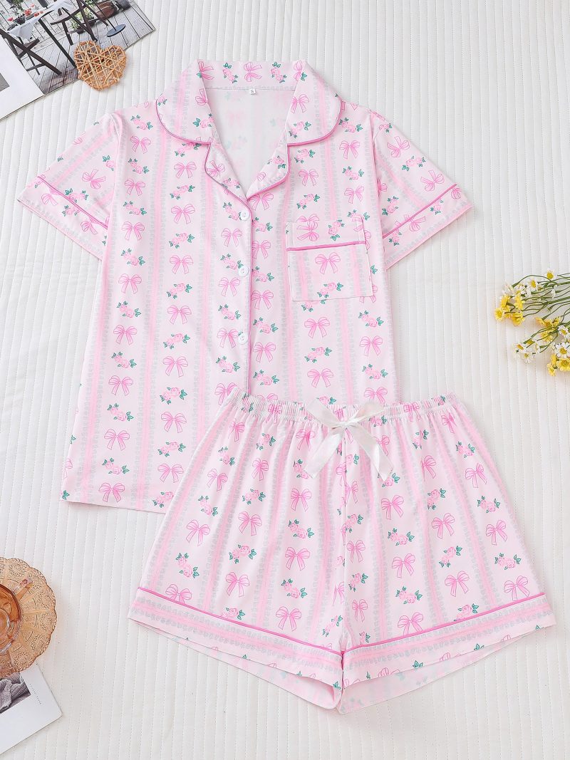 Cute bow print can be worn over women's pajama sets comfortable lapel short-sleeved tops and loose shorts women's loungewear - Image 10