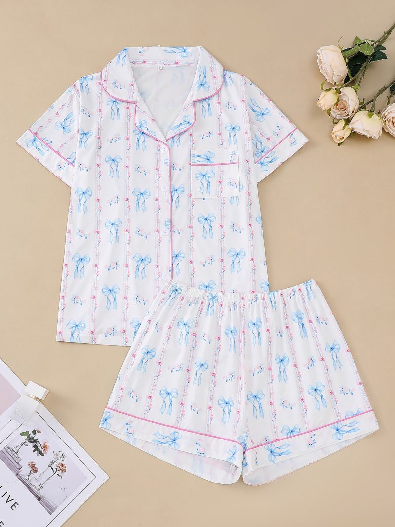 Cute bow print can be worn over women's pajama sets comfortable lapel short-sleeved tops and loose shorts women's loungewear - Image 11
