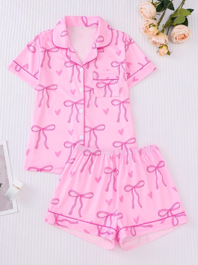 Cute bow print can be worn over women's pajama sets comfortable lapel short-sleeved tops and loose shorts women's loungewear - Image 12