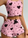 Women's Summer 2PCS Pajama Set Sling Vest with Shorts 2025 Newly Love Heart Print Spaghetti Strap Camisole Sleepwear for Girls