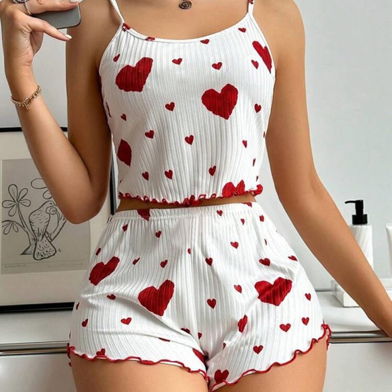 Women's Summer 2PCS Pajama Set Sling Vest with Shorts 2025 Newly Love Heart Print Spaghetti Strap Camisole Sleepwear for Girls - Image 2