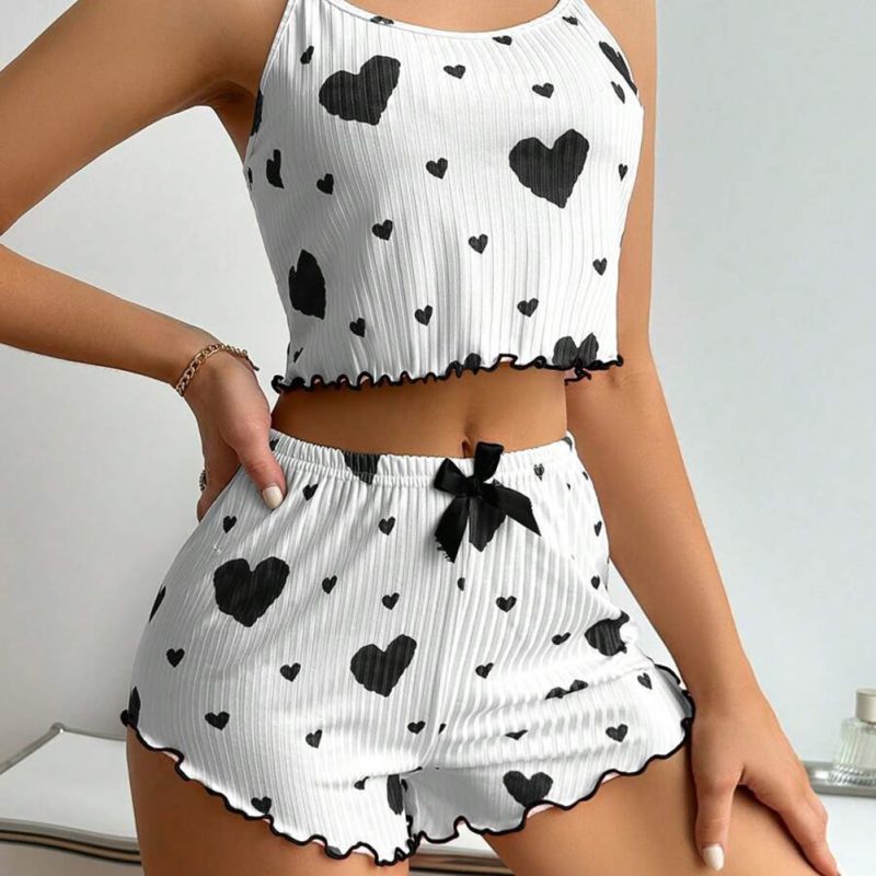 Women's Summer 2PCS Pajama Set Sling Vest with Shorts 2025 Newly Love Heart Print Spaghetti Strap Camisole Sleepwear for Girls - Image 3