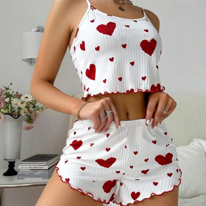Women's Summer 2PCS Pajama Set Sling Vest with Shorts 2025 Newly Love Heart Print Spaghetti Strap Camisole Sleepwear for Girls - Image 4