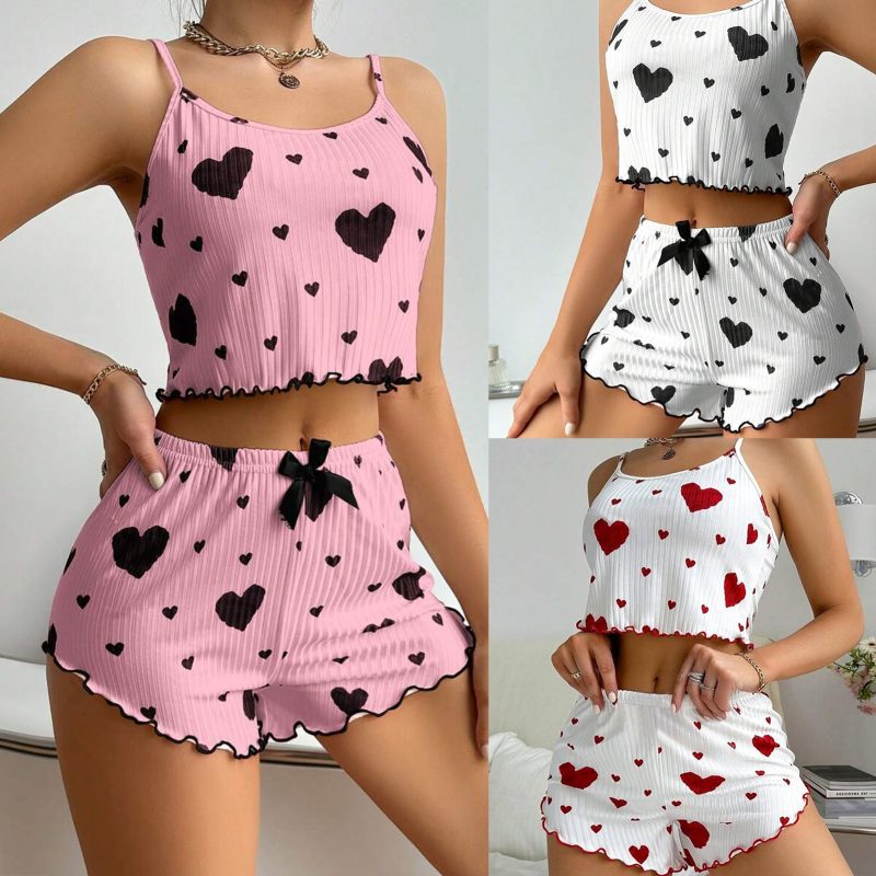 Women's Summer 2PCS Pajama Set Sling Vest with Shorts 2025 Newly Love Heart Print Spaghetti Strap Camisole Sleepwear for Girls - Image 5