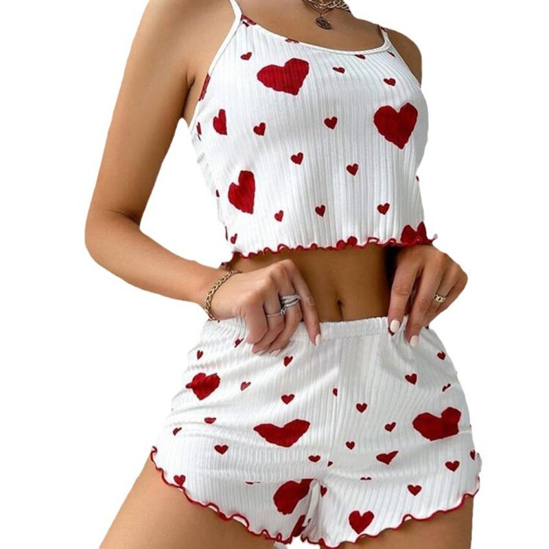 Women's Summer 2PCS Pajama Set Sling Vest with Shorts 2025 Newly Love Heart Print Spaghetti Strap Camisole Sleepwear for Girls - Image 7