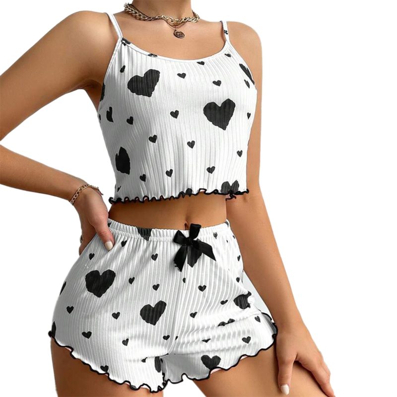 Women's Summer 2PCS Pajama Set Sling Vest with Shorts 2025 Newly Love Heart Print Spaghetti Strap Camisole Sleepwear for Girls - Image 8